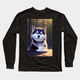 Siberian Husky with a mug cup of morning coffee Long Sleeve T-Shirt